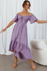 Dandelion Off-Shoulder Tied Back Midi Dress Purple