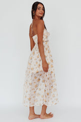 Los Feliz Tied Bust Halterneck Midi Dress Sheer Floral Yellow