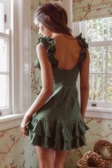 Annie Ruffle Shoulder Strap Layered Hem Mini Dress Green