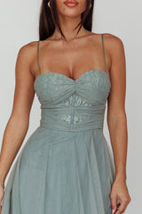Smitten Lace Insert Tulle Midi Dress Sage