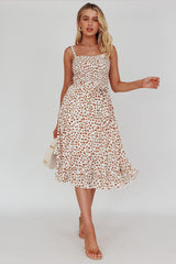 Honey Shirred Frill Midi Dress White/Brown
