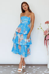 Outshine Strapless Tiered Midi Dress Floral Blue