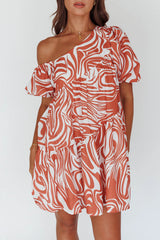 Villa Puff Sleeve One-Shoulder Dress Terracotta