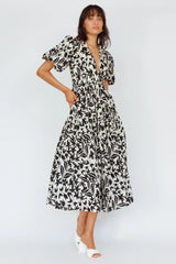 Summer Land V-Neckline Midi Dress Floral Beige