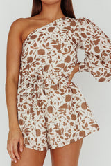 Summer Lover One-Shoulder Romper Floral Brown