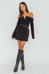 Tamra Long Sleeve Off-Shoulder Zip Dress Black