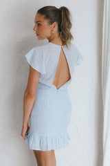 Moving On Flutter Sleeve String Tie Waist Eyelet Mini Dress Steel Blue