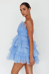 Bon Bon Tiered Mesh Mini Dress Steel Blue