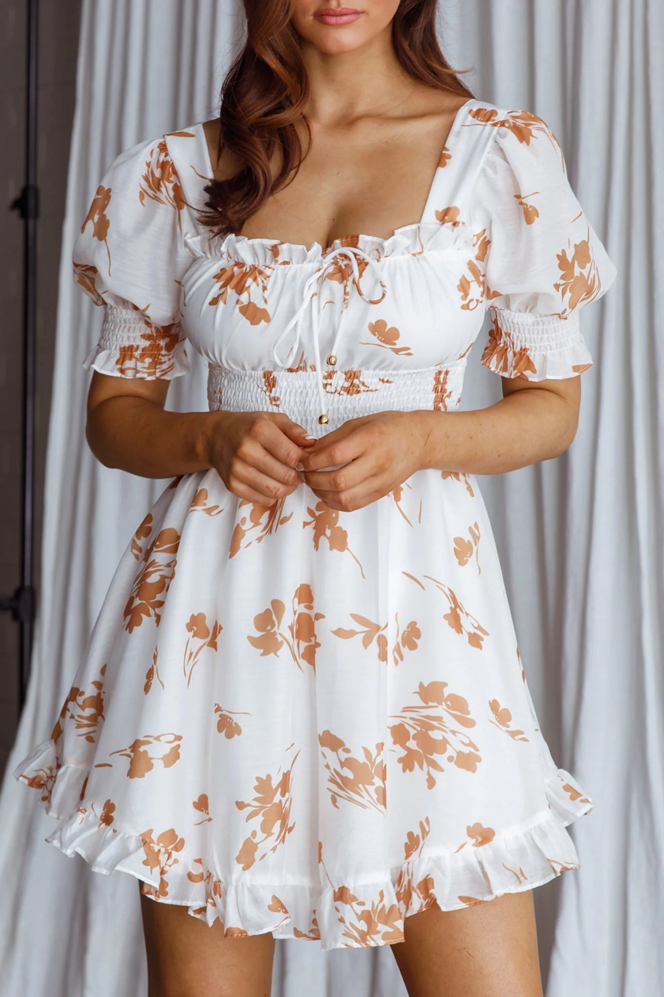Summer In Paris Puff Sleeve Open Back Dress Floral Tan