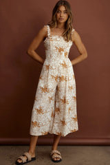 Magdalene Frill Strap Midi Jumpsuit Vintage Floral Tan