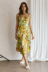 Emmalie Satin Midi Dress Floral Green