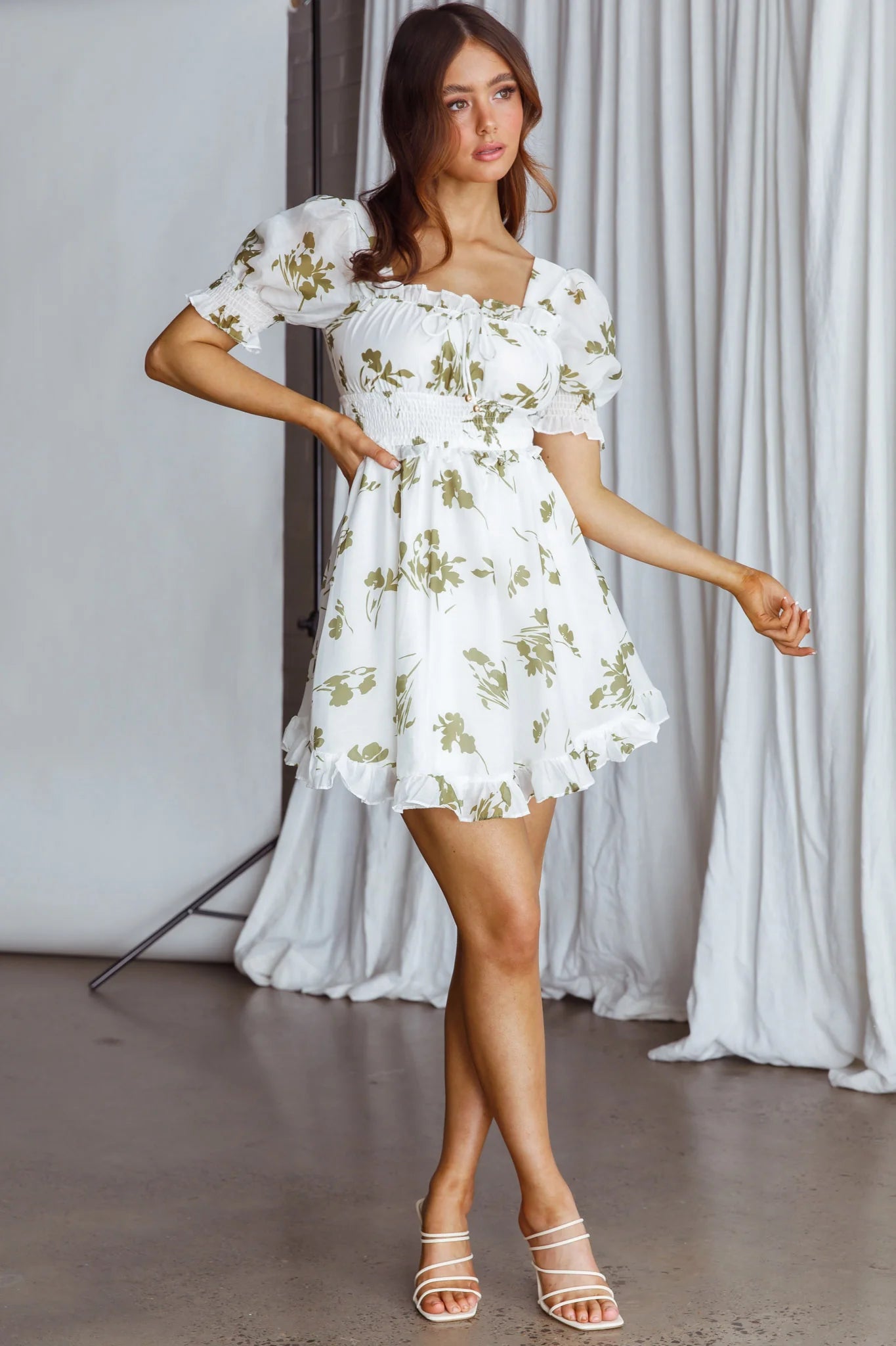 Summer In Paris Puff Sleeve Open Back Dress Floral Olive