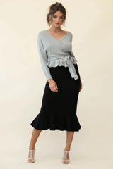 Shalon Ribbed Knit Fluted Hem Midi Skirt Antique Black