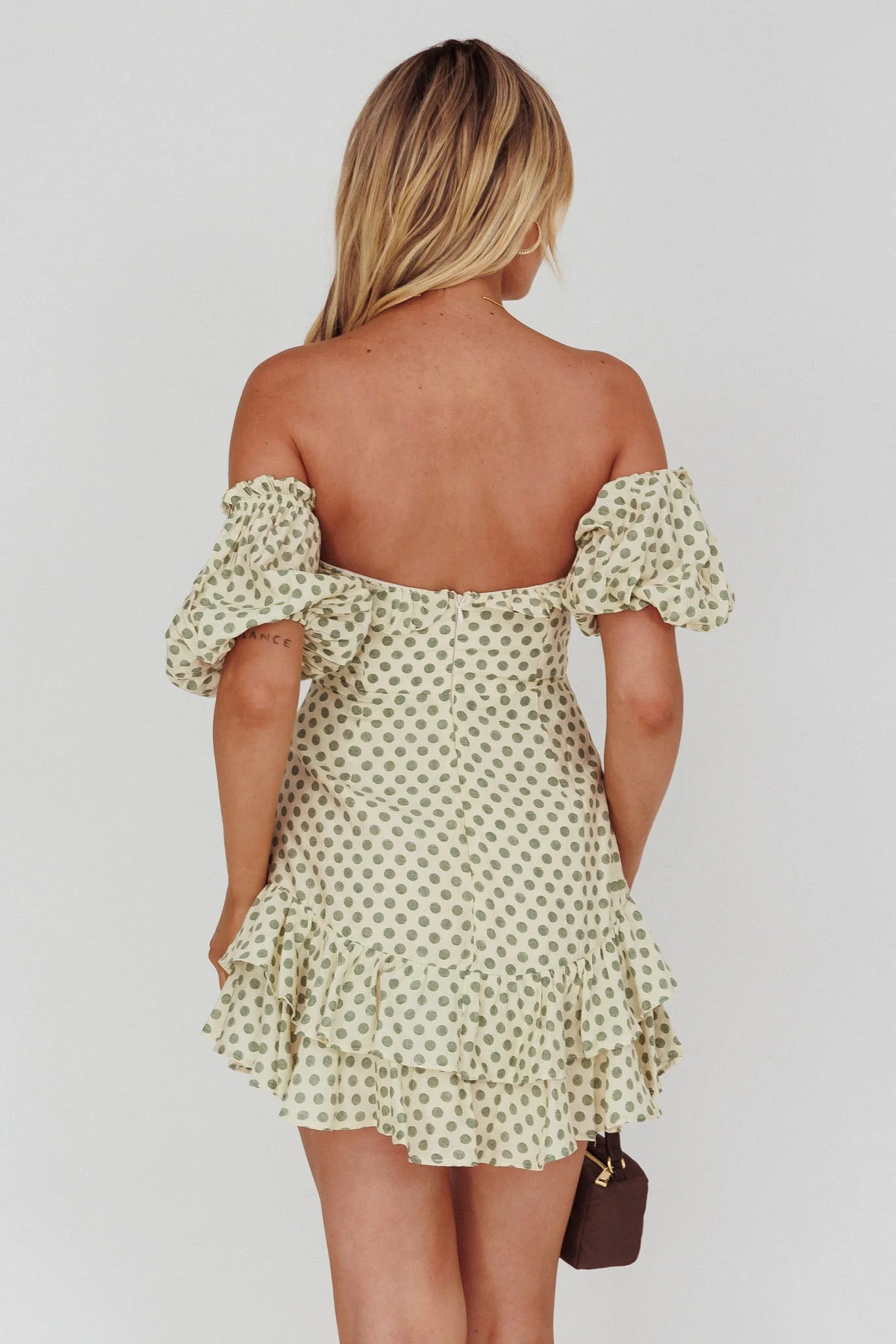Homecoming Queen Sweetheart Neckline Puff Sleeve Dress Polka Dot Green