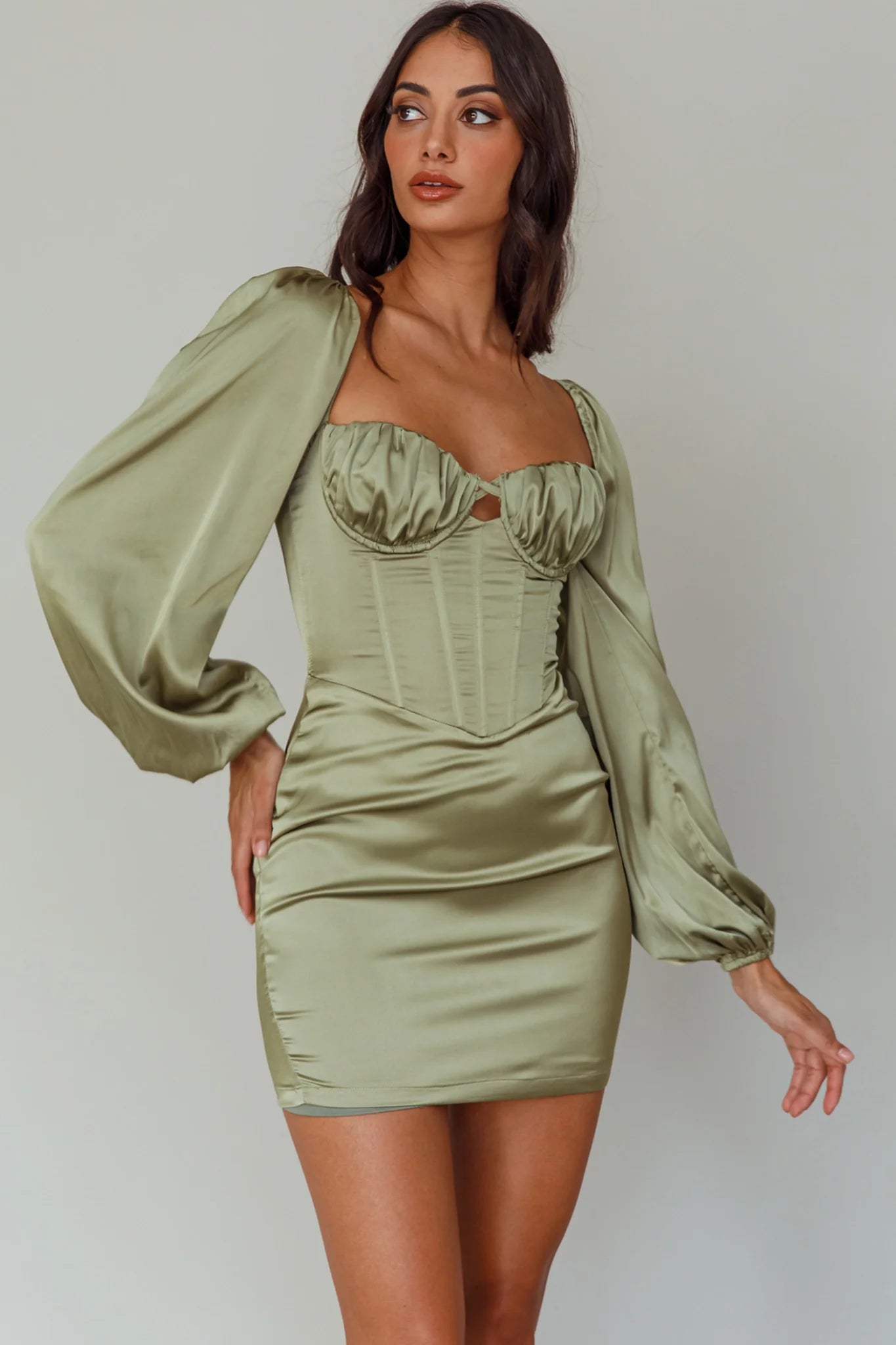 Au Revoir Long Sleeve Satin Mini Dress Sage