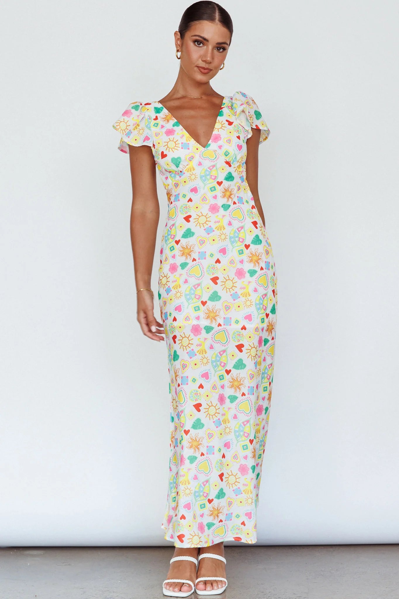 Long Summer Flutter Sleeve Maxi Dress Printed White