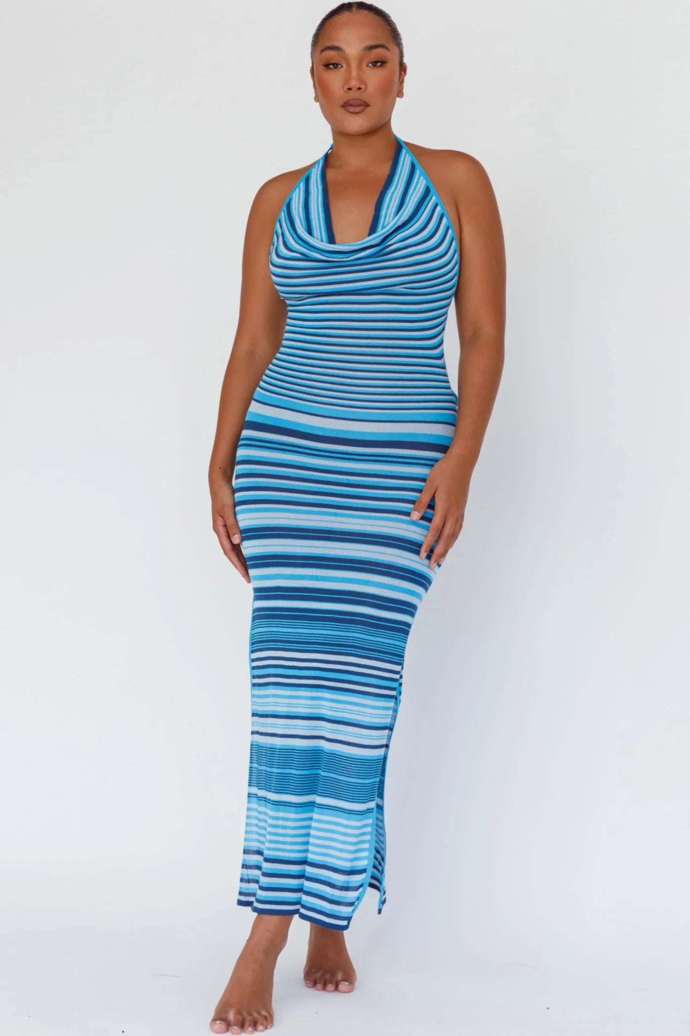 Azure Shores Knit Midi Dress Striped Blue