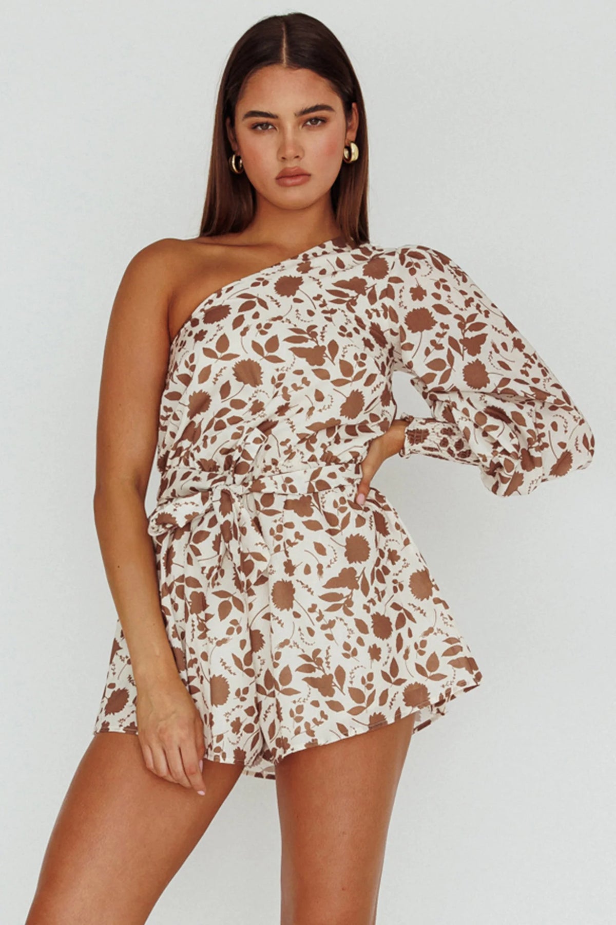 Summer Lover One-Shoulder Romper Floral Brown