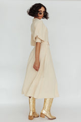 Mallory Belted Waist Lantern Sleeve Midi Dress Beige