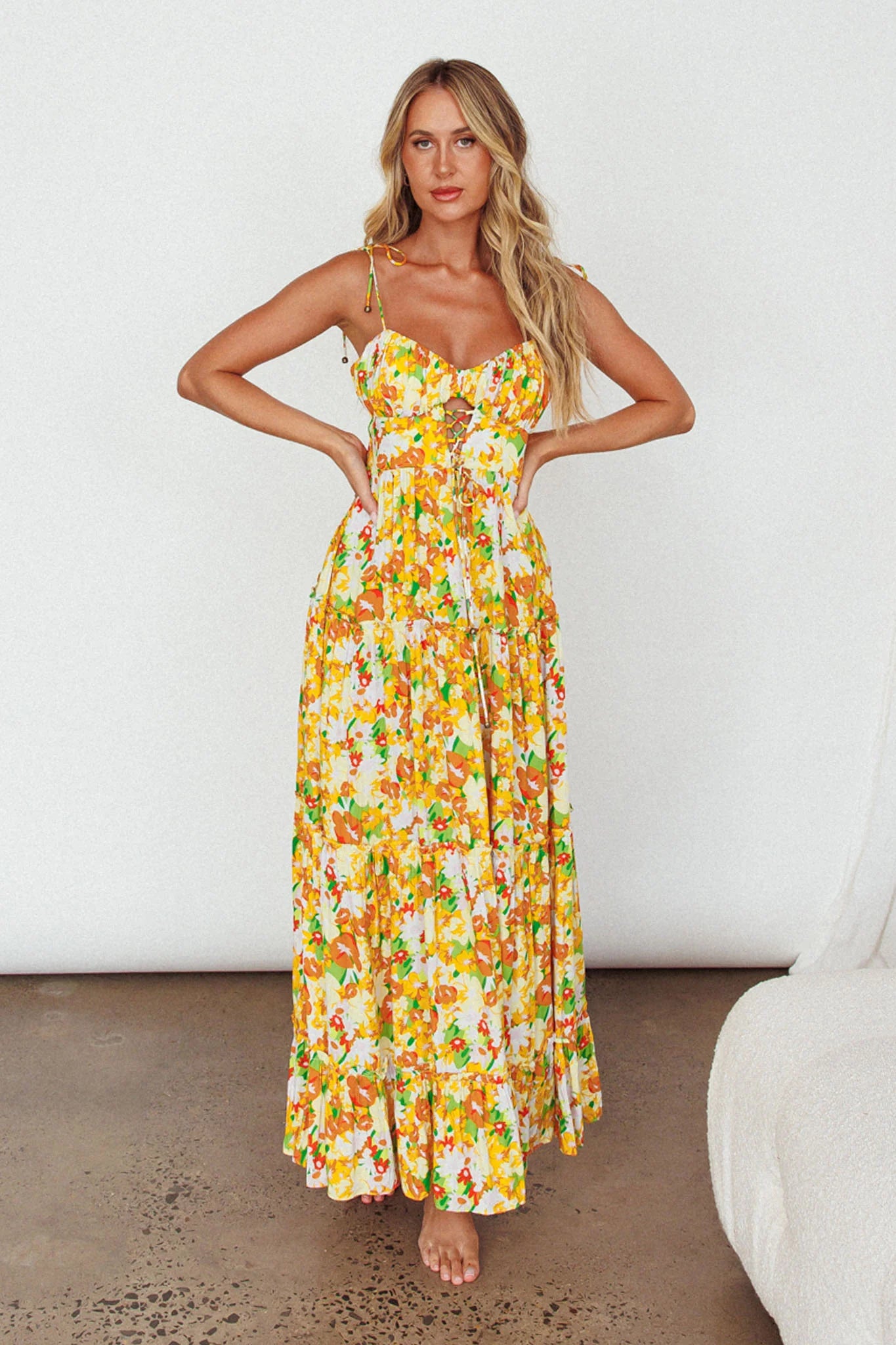 Kinlee Lace-Up Bodice Maxi Dress Floral Orange