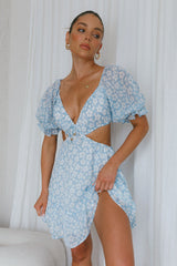 Fancy Free Puff Sleeve Cut-Out Dress Floral Blue