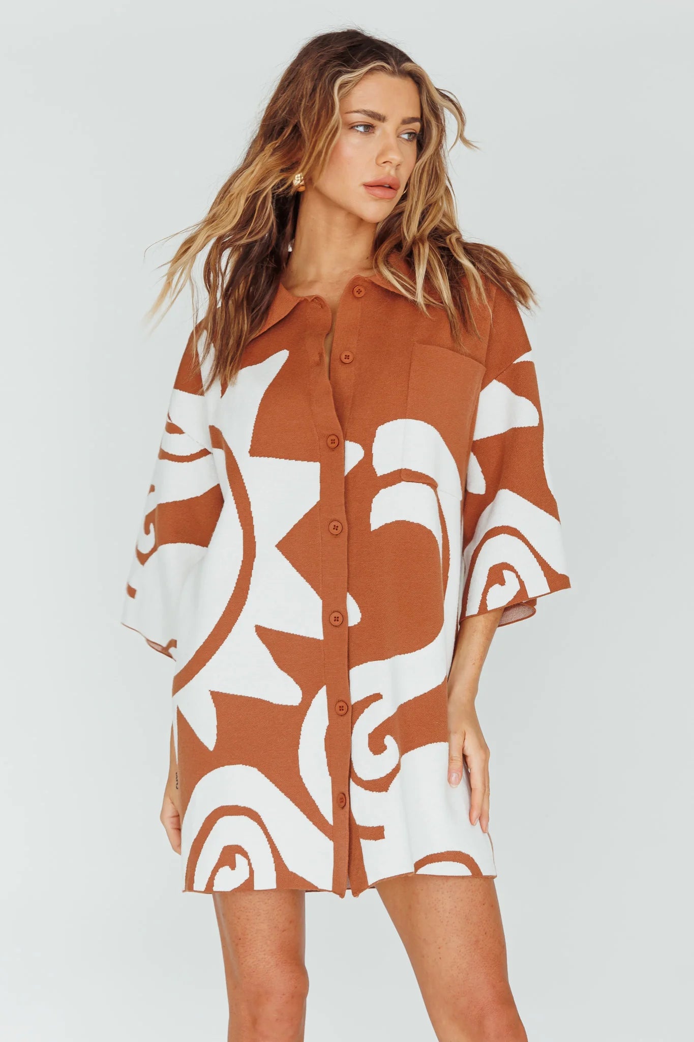 Nalani Button Up Knit Shirt Dress Chocolate/Beige