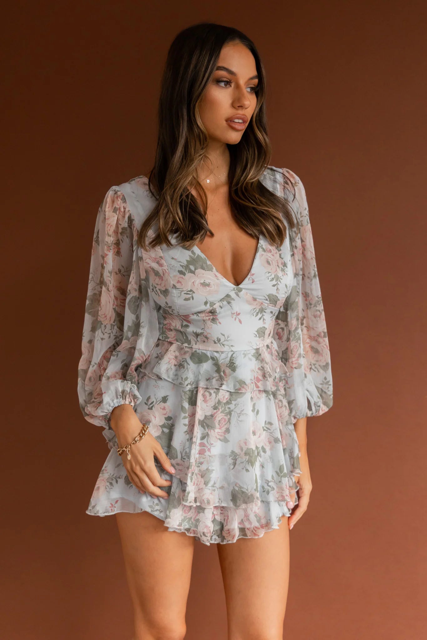 La Nena Frill Trim Flounce Romper Floral Green