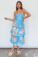 Outshine Strapless Tiered Midi Dress Floral Blue