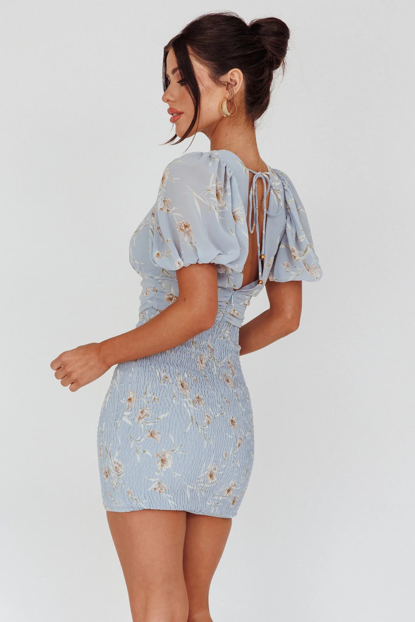 La Nena Shirred Mini Dress Floral Blue