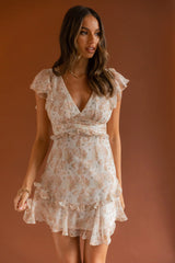 New Dawn Frill Shoulder Mini Dress Floral Mocha