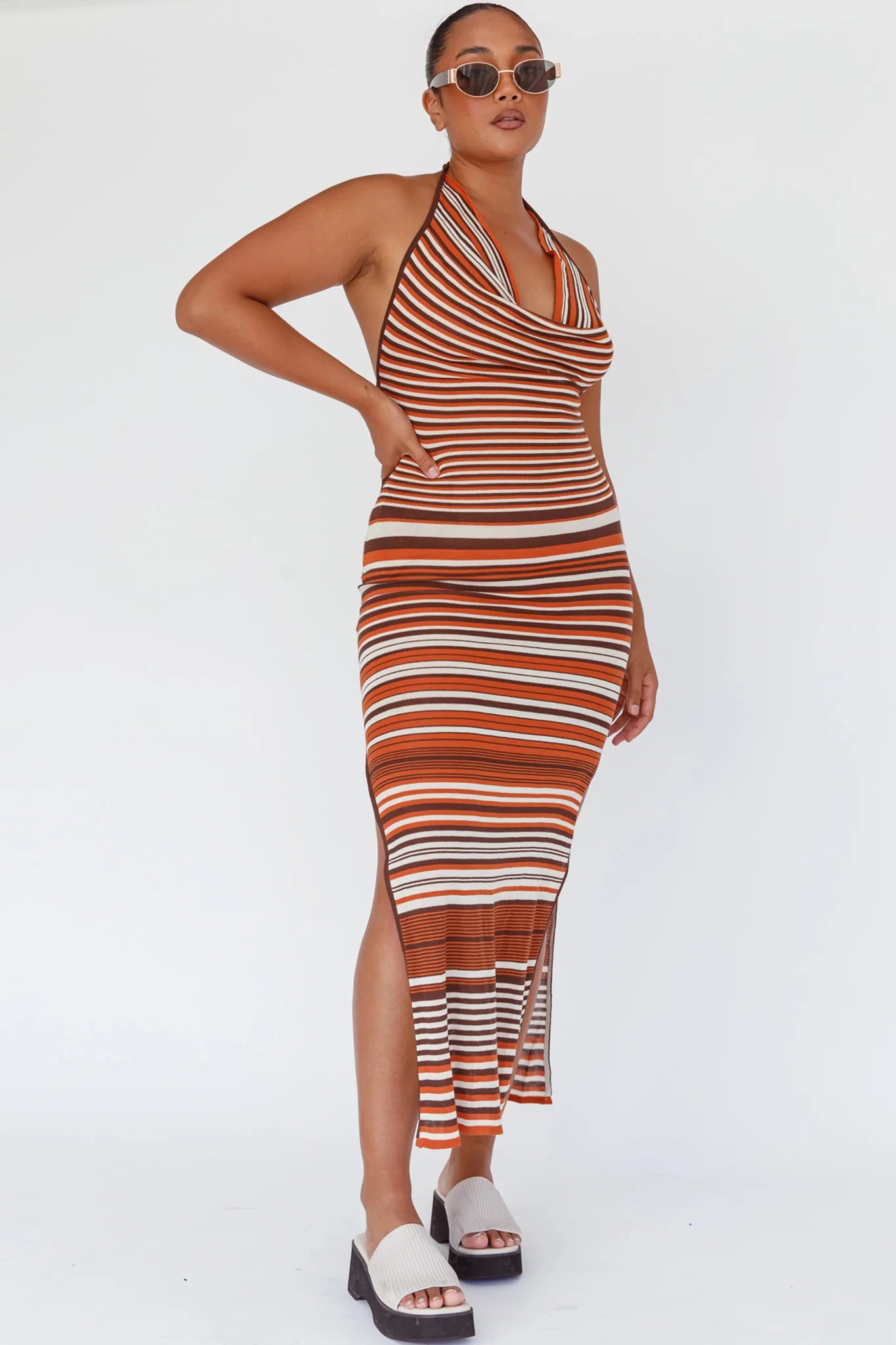 Azure Shores Knit Midi Dress Striped Tan