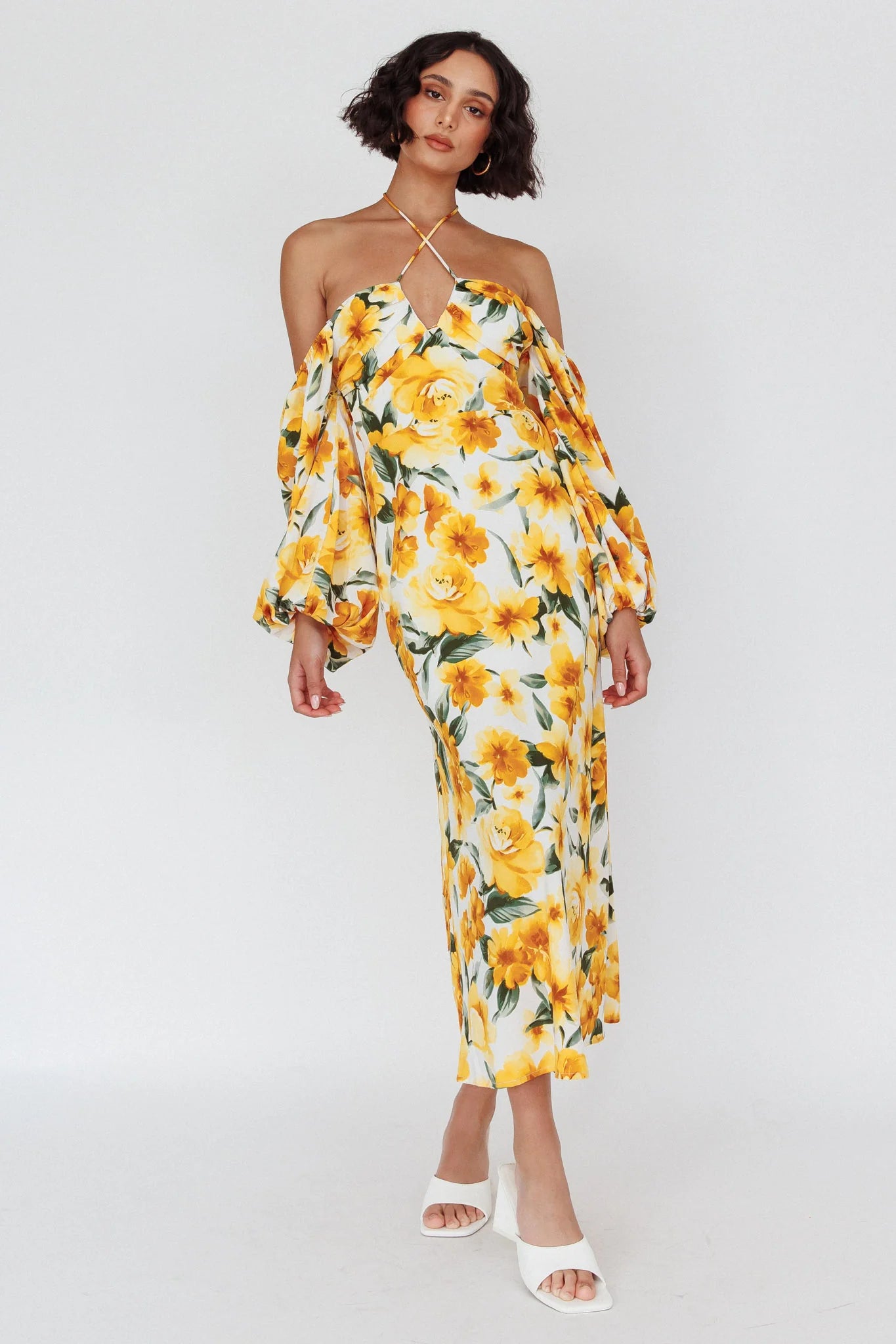 Nyree Long Sleeve Midi Dress Flowers Yellow
