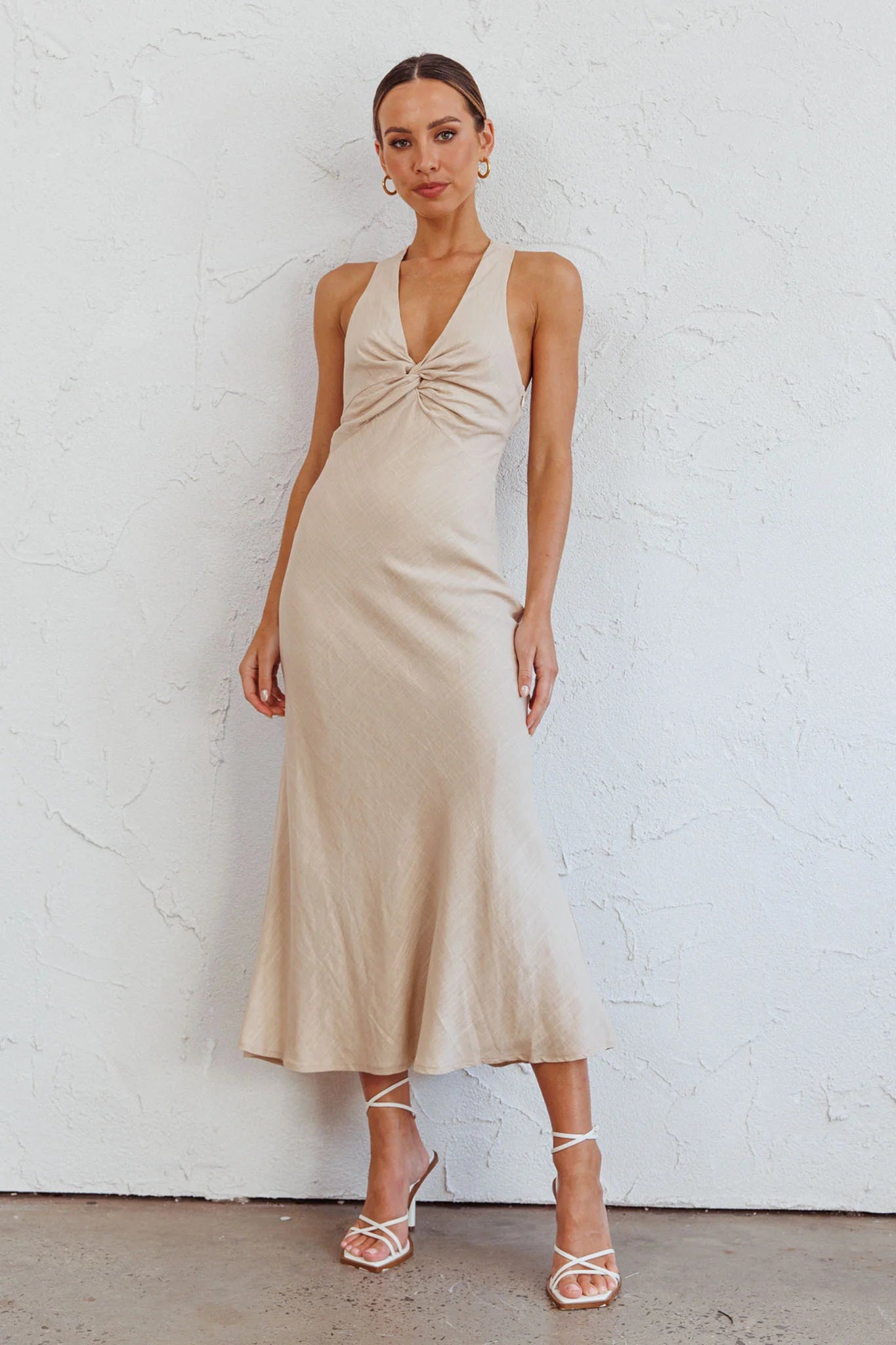 Coastal Charm Twist Back Maxi Dress Oat