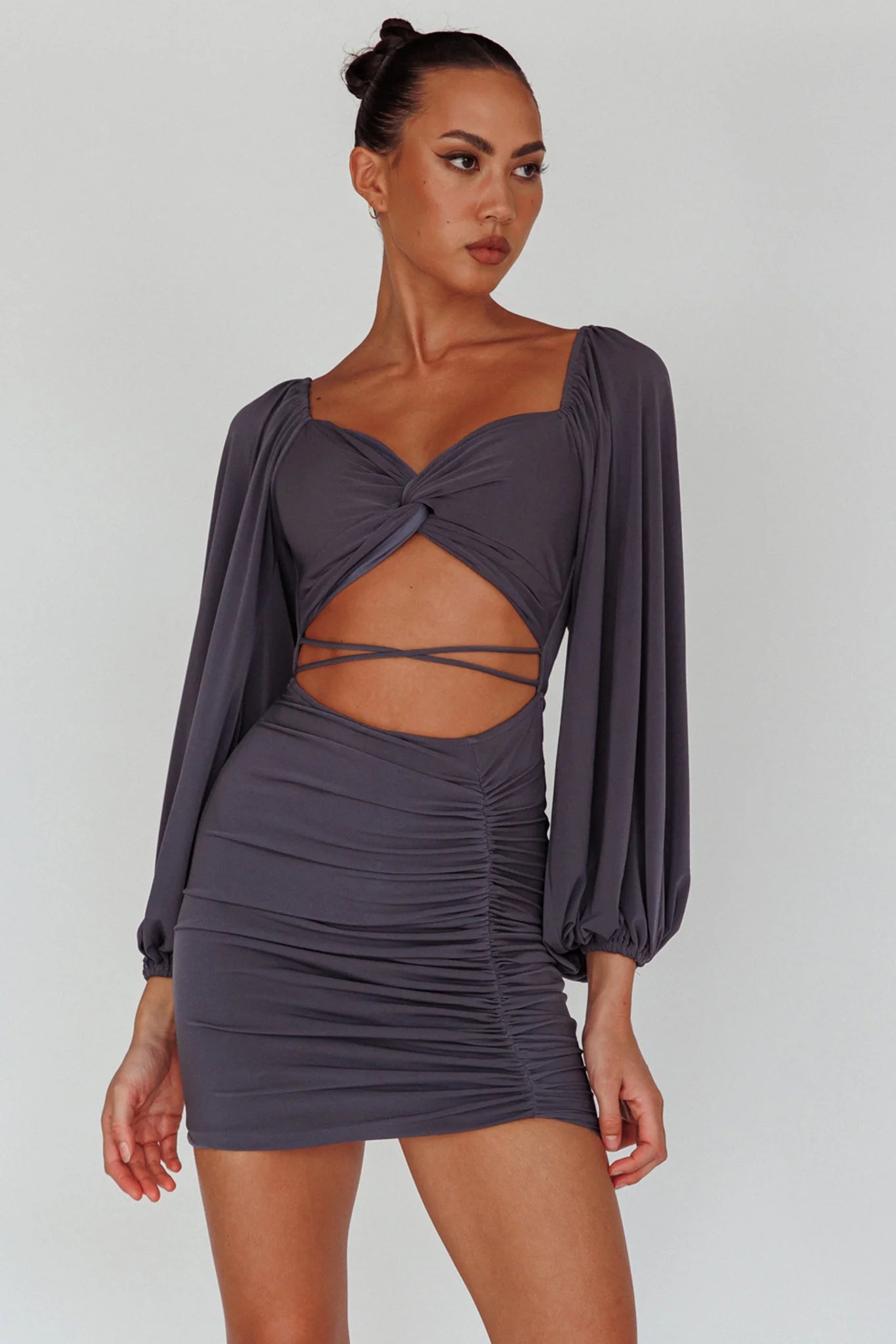 In Luck Cut-Out Waist Ruched Mini Dress Charcoal