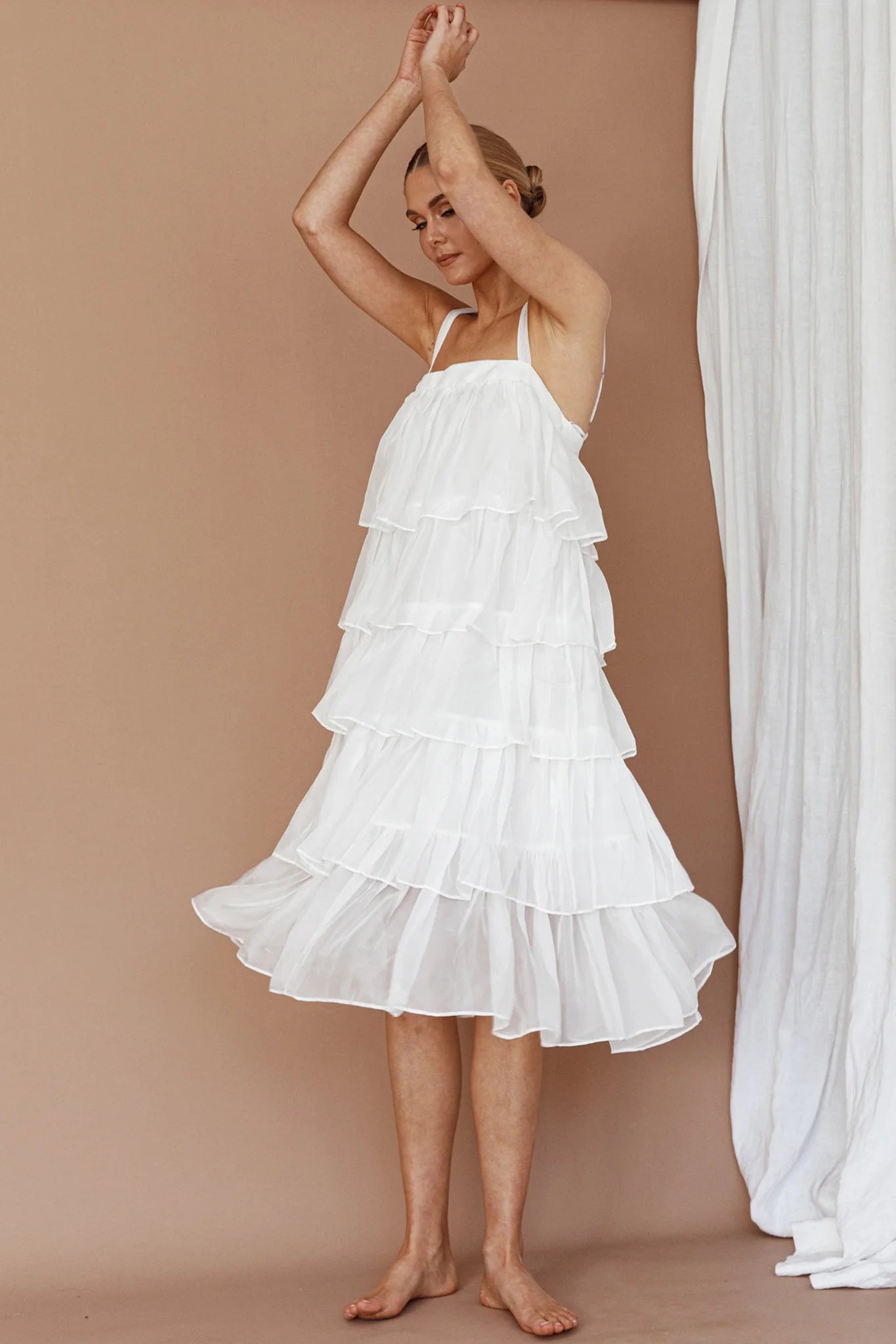Merry Layered Frill Midi Dress White