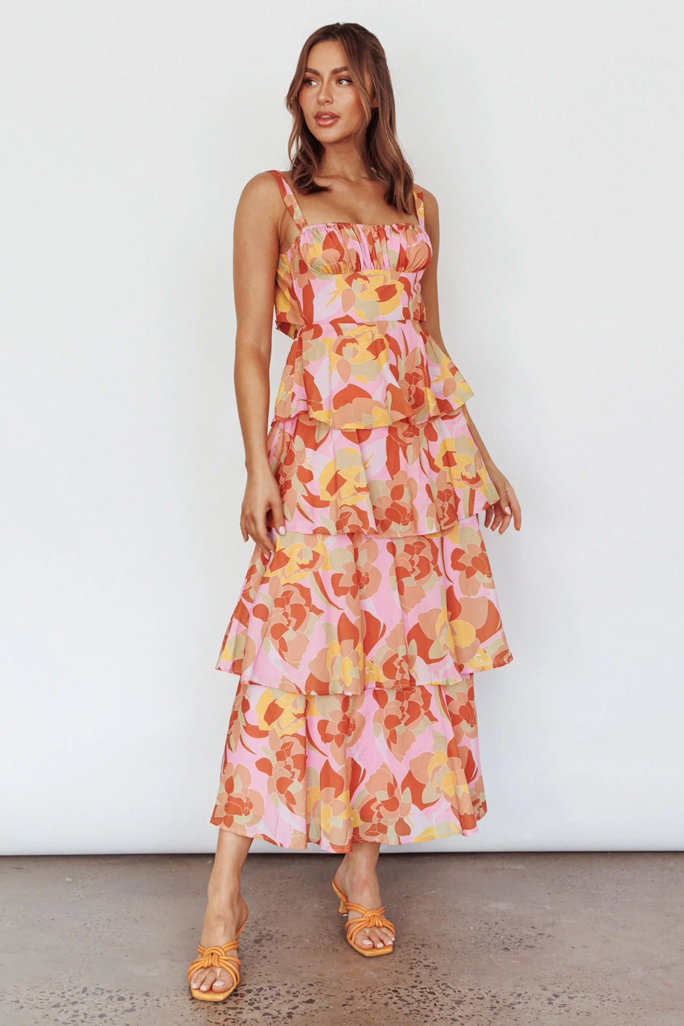 Provence Bloom Tiered Midi Dress Abstract Pink Multi
