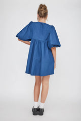 New Haven Puff Sleeve Swing Dress Indigo