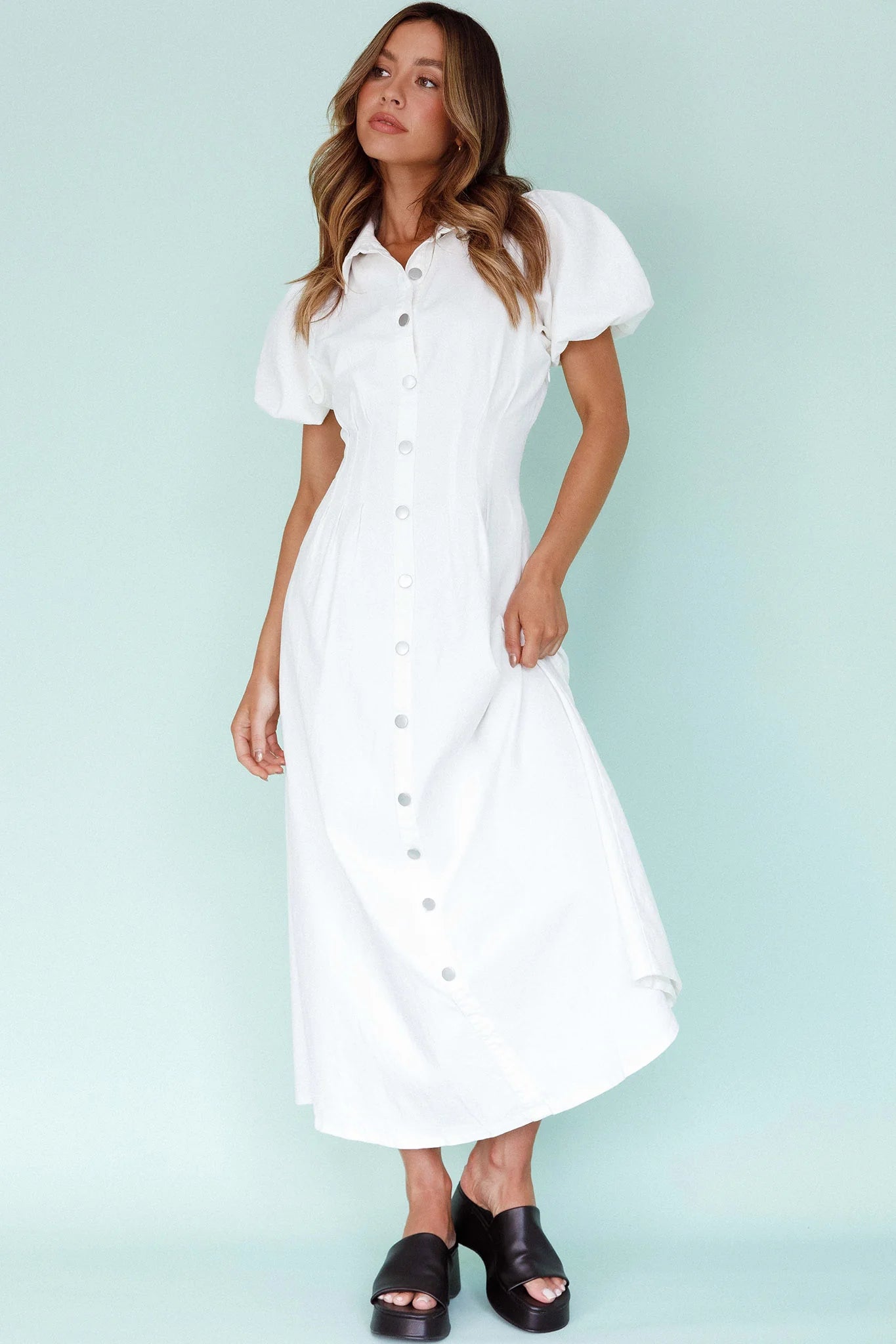 Zurich Pleated Waist Midi Dress White