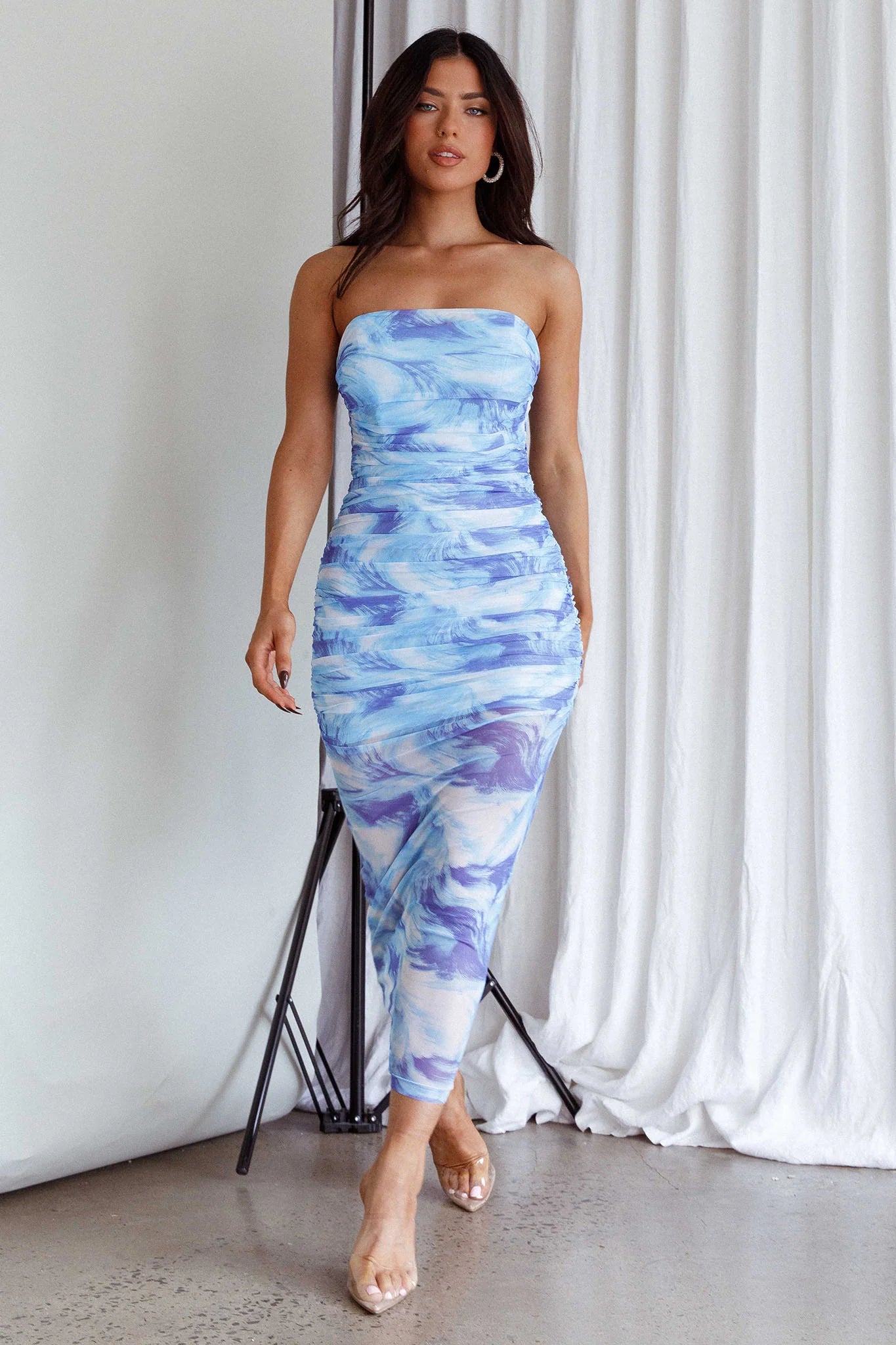 Logan Strapless Ruched Midi Dress Blue