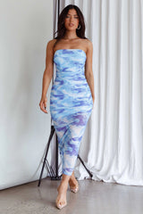 Logan Strapless Ruched Midi Dress Blue