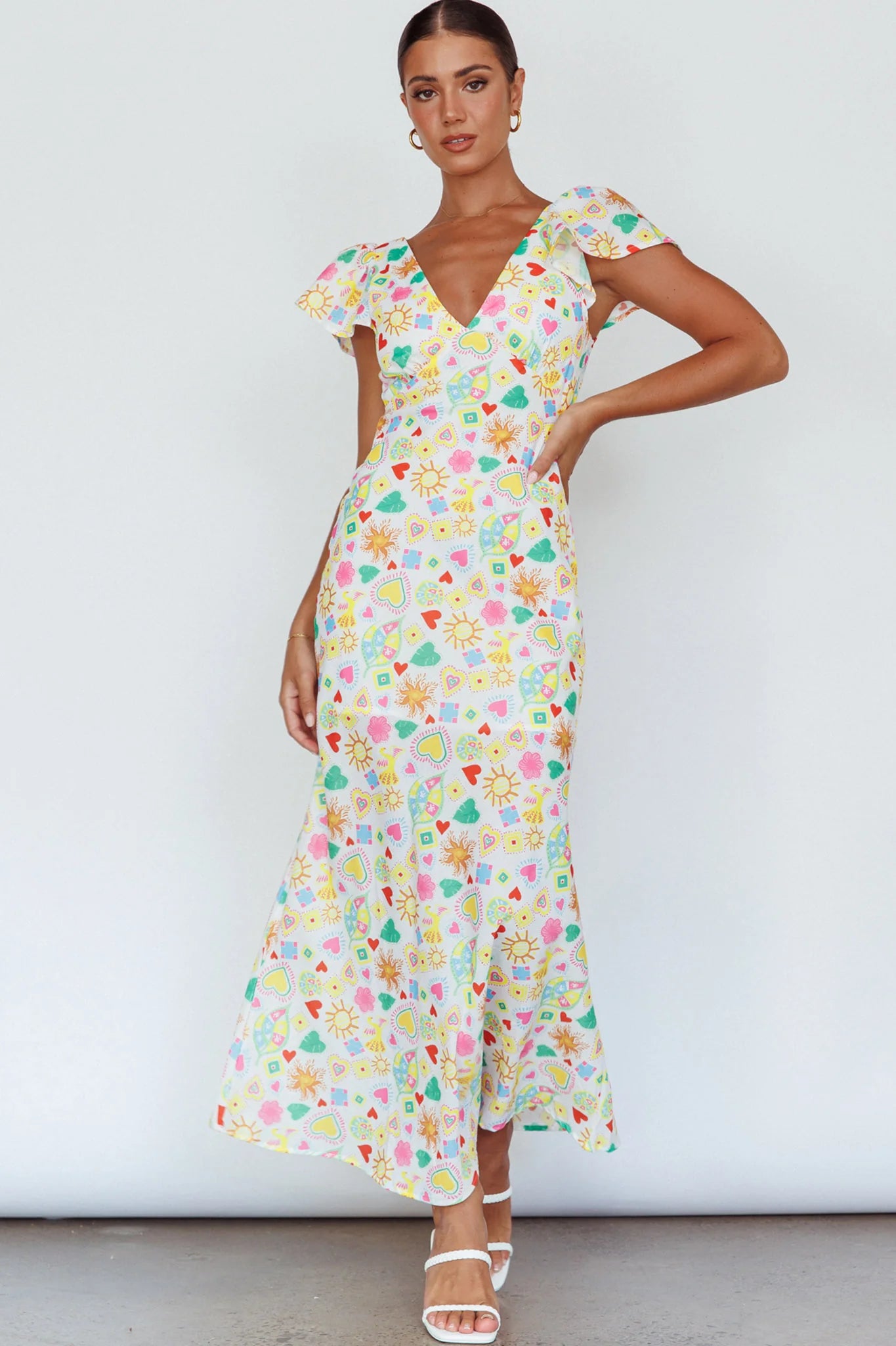 Long Summer Flutter Sleeve Maxi Dress Printed White