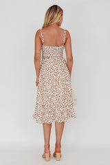 Honey Shirred Frill Midi Dress White/Brown