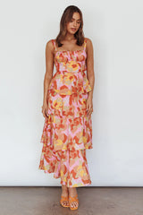 Provence Bloom Tiered Midi Dress Abstract Pink Multi