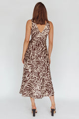 Turin V-Neckline Print Midi Dress Chocolate