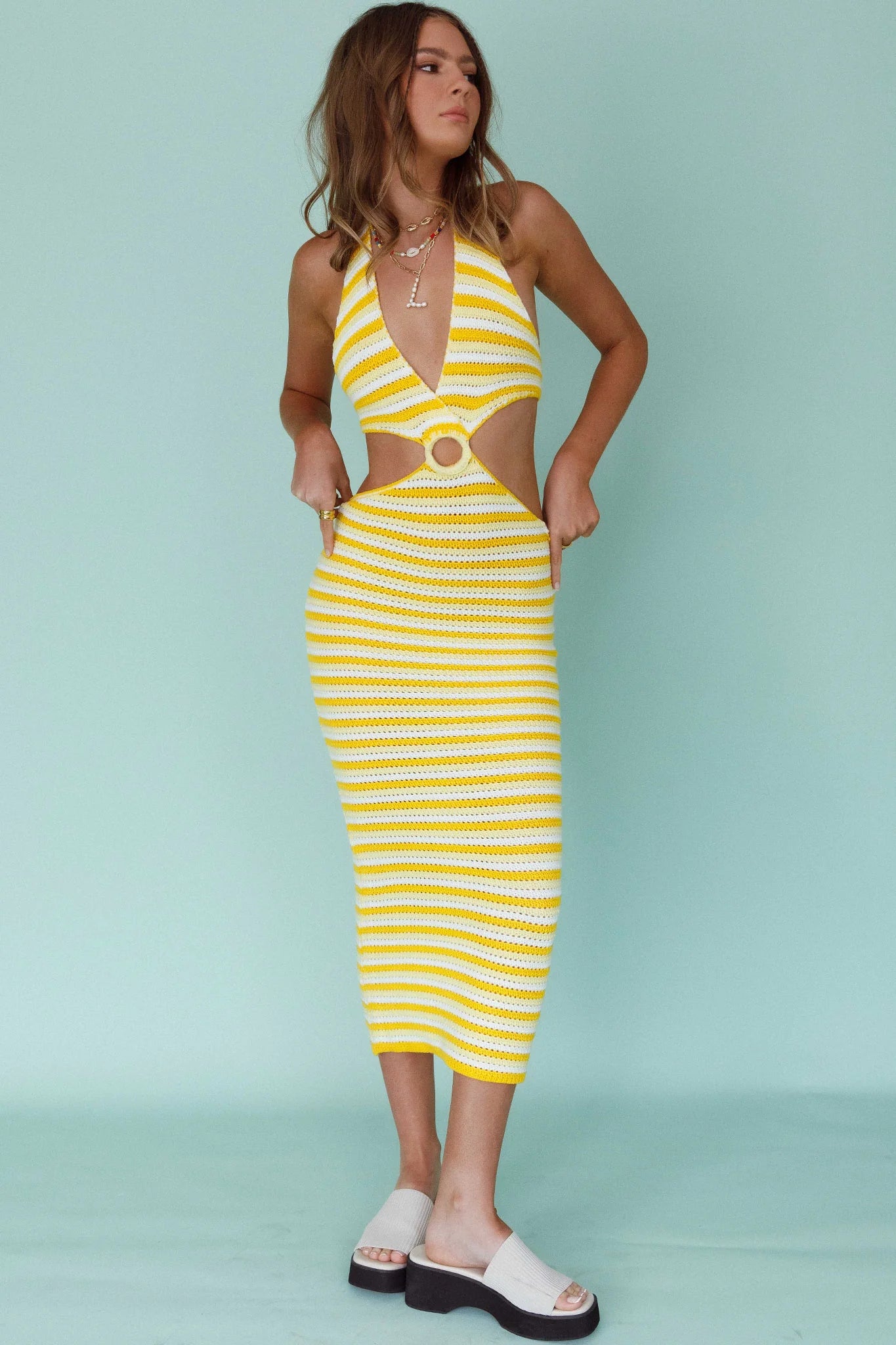 Makaria Cut-Out Crochet Midi Dress Lemon