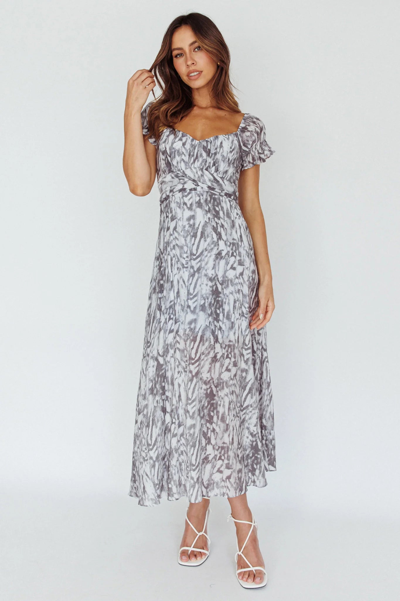 Linka Off-Shoulder Tie Back Midi Dress Printed Grey