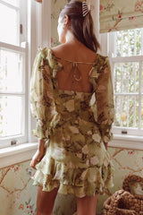 Desiree 3/4 Sleeve Sweetheart Neckline Frill Dress Floral Green