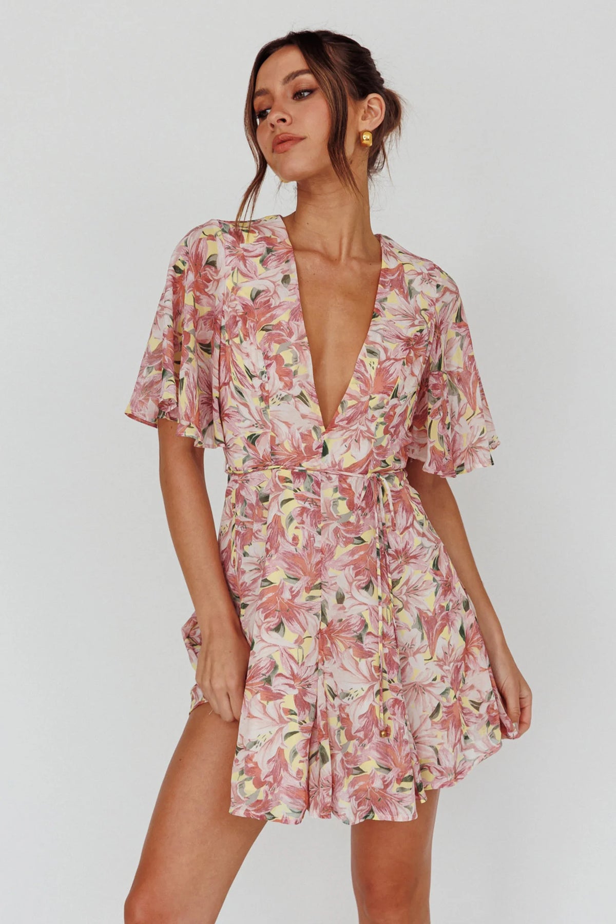 Estelle Angel Sleeve Dress Lily Print Yellow