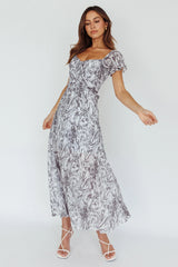 Linka Off-Shoulder Tie Back Midi Dress Printed Grey