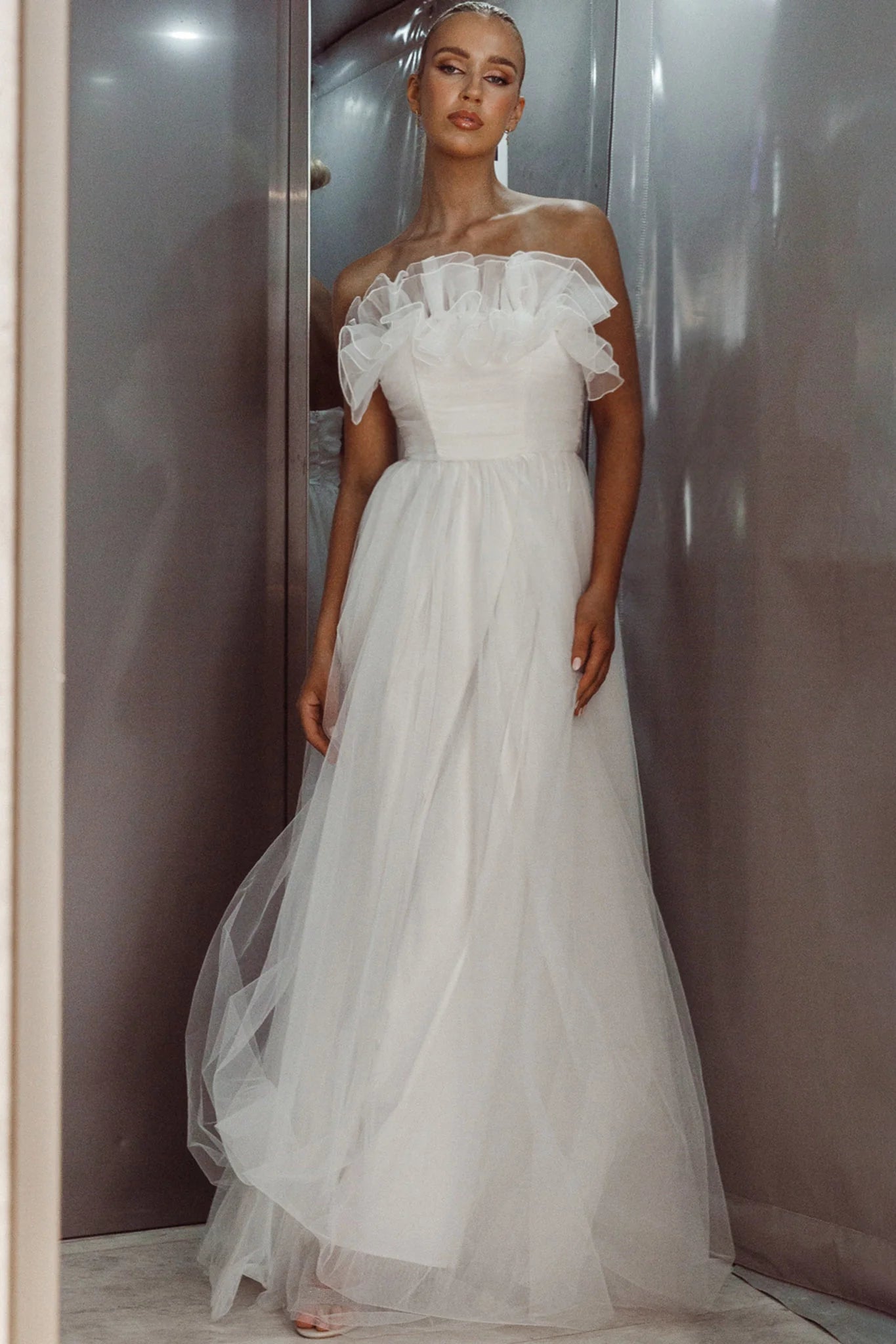 Marietha Organza Frill Maxi Wedding Dress White